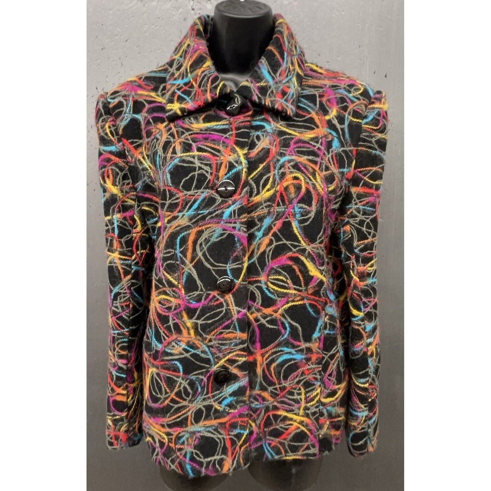 Weavz Wool Blend Jacket M Black Multicolor Yarn Art To Wear Boho Pockets Blazer